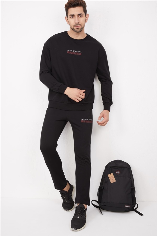 Escetic Siyah Erkek 3 İplik Nefes Alabilen Pamuklu Baskılı Spor Oversize Sweat Takım A3040
