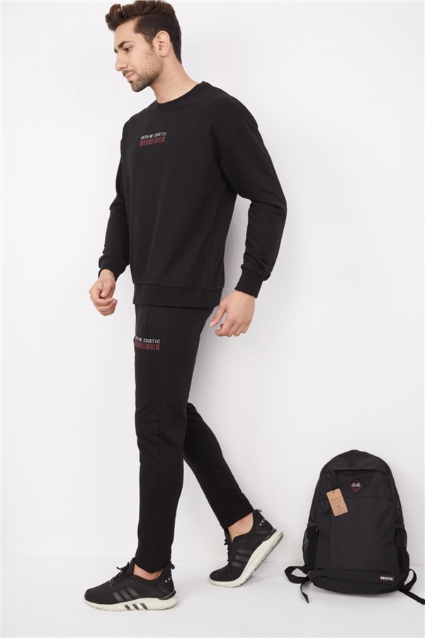 Escetic Siyah Erkek 3 İplik Nefes Alabilen Pamuklu Baskılı Spor Oversize Sweat Takım A3040