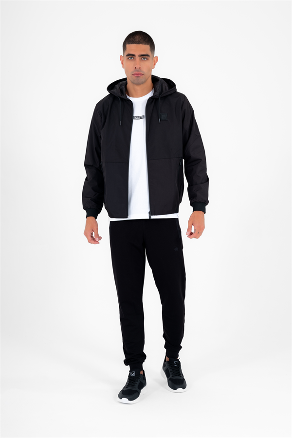 Erkek Siyah Rüzgarlık Yağmurluk Ince Kapsonlu Ceket 2 Cepli Desenli Astarlı 6722