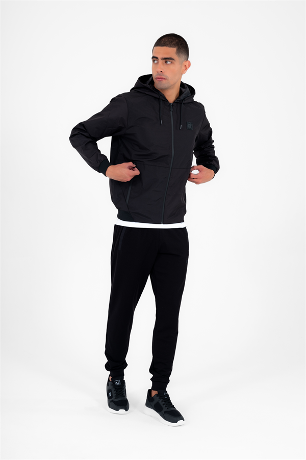 Erkek Siyah Rüzgarlık Yağmurluk Ince Kapsonlu Ceket 2 Cepli Desenli Astarlı 6722