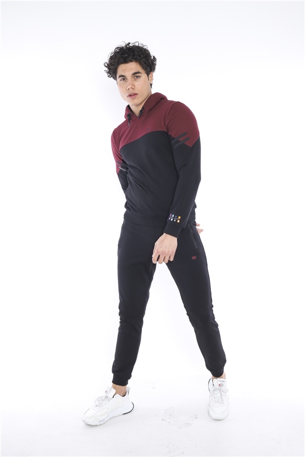 Escetic Siyah Erkek 3 İplik Nefes Alabilen Pamuklu Baskılı Spor Slimfit Sweat Takım A3039