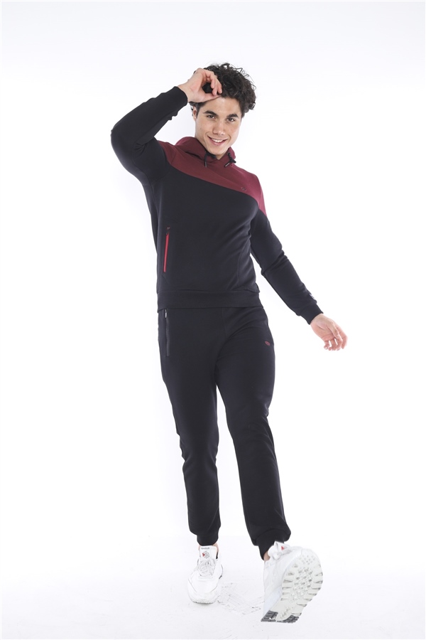 Escetic Siyah Erkek 3 İplik Nefes Alabilen Pamuklu Baskılı Spor Slimfit Sweat Takım A3039