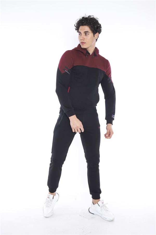 Escetic Siyah Erkek 3 İplik Nefes Alabilen Pamuklu Baskılı Spor Slimfit Sweat Takım A3039