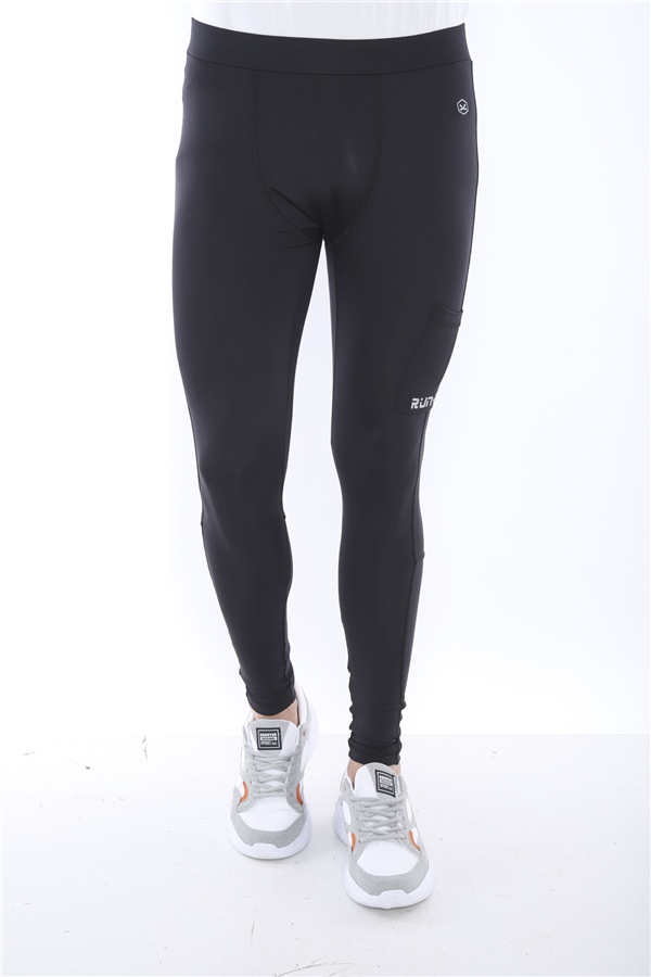 Escetic Siyah Erkek Mikro Dalgıç Kumaş Baskılı Toparlayıcı Uzun Tayt B1125