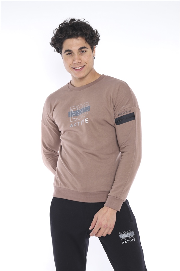Escetic A.Kahve Erkek 3 İplik Nefes Alabilen Pamuklu Baskılı Spor Slimfit Sweat Takım A3032
