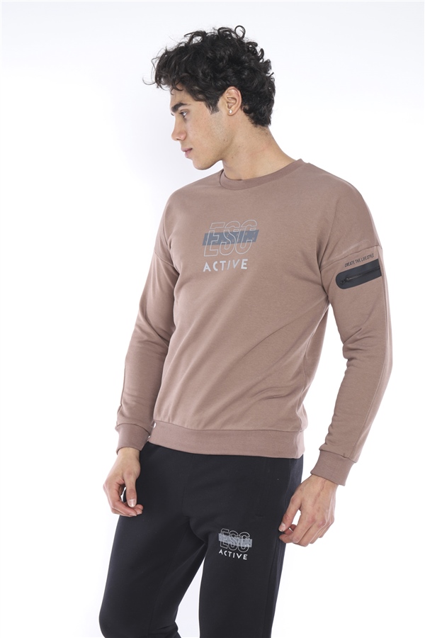 Escetic A.Kahve Erkek 3 İplik Nefes Alabilen Pamuklu Baskılı Spor Slimfit Sweat Takım A3032