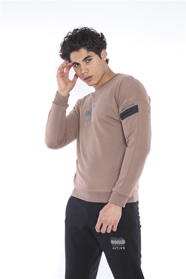 Escetic A.Kahve Erkek 3 İplik Nefes Alabilen Pamuklu Baskılı Spor Slimfit Sweat Takım A3032