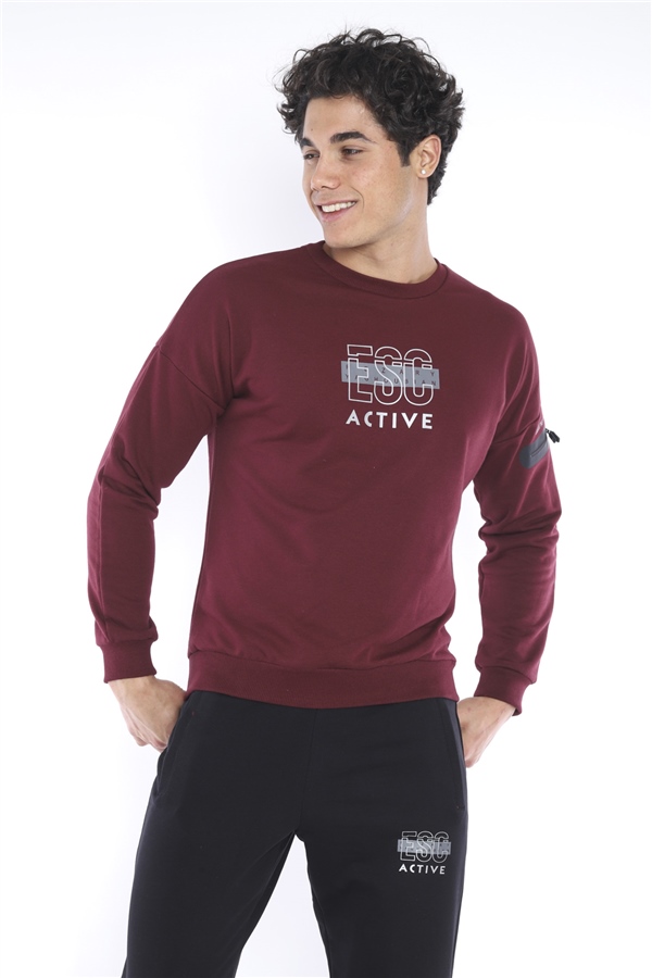 Escetic Bordo Erkek 3 İplik Nefes Alabilen Pamuklu Baskılı Spor Slimfit Sweat Takım A3032