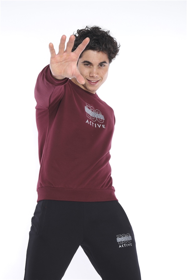 Escetic Bordo Erkek 3 İplik Nefes Alabilen Pamuklu Baskılı Spor Slimfit Sweat Takım A3032