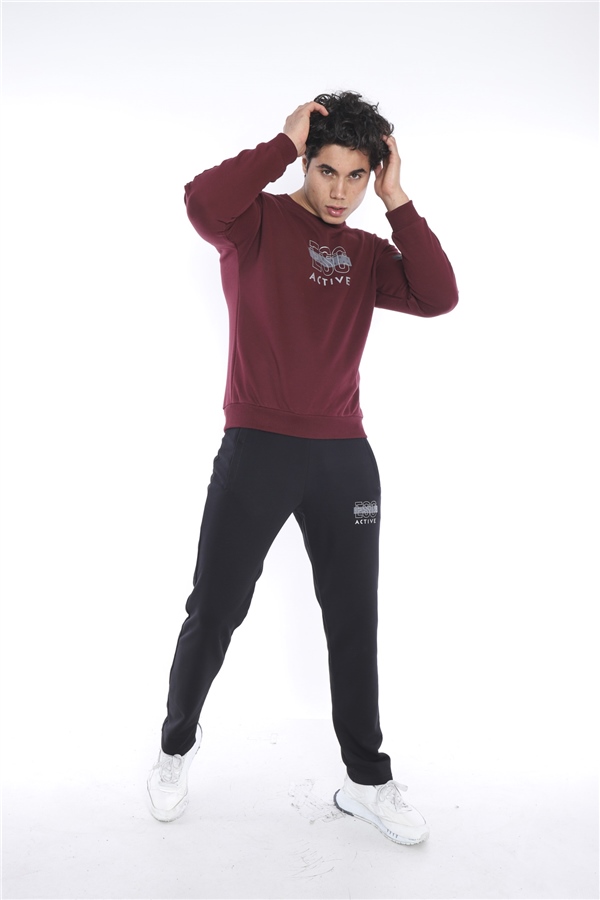 Escetic Bordo Erkek 3 İplik Nefes Alabilen Pamuklu Baskılı Spor Slimfit Sweat Takım A3032