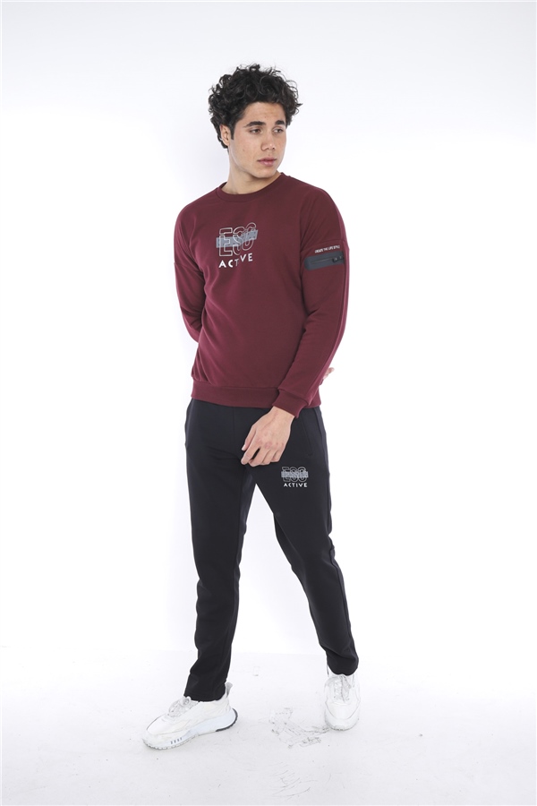 Escetic Bordo Erkek 3 İplik Nefes Alabilen Pamuklu Baskılı Spor Slimfit Sweat Takım A3032