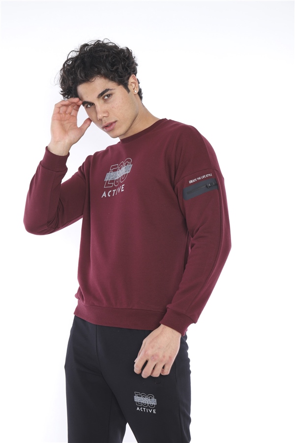 Escetic Bordo Erkek 3 İplik Nefes Alabilen Pamuklu Baskılı Spor Slimfit Sweat Takım A3032