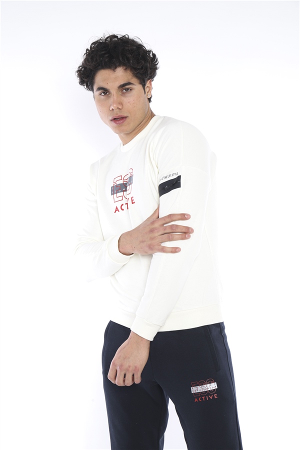 Escetic Ekru Erkek 3 İplik Nefes Alabilen Pamuklu Baskılı Spor Slimfit Sweat Takım A3032