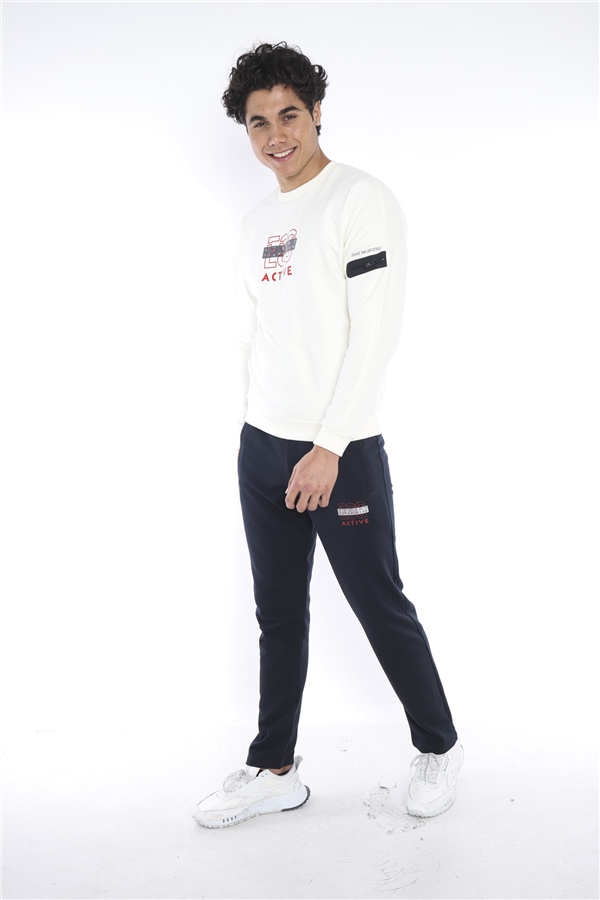 Escetic Ekru Erkek 3 İplik Nefes Alabilen Pamuklu Baskılı Spor Slimfit Sweat Takım A3032