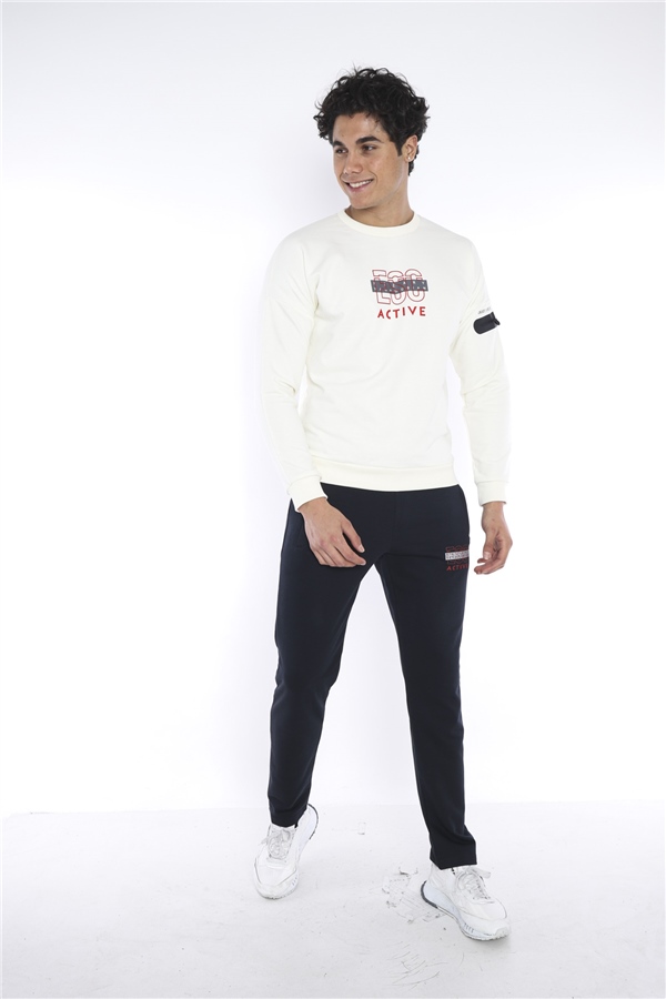 Escetic Ekru Erkek 3 İplik Nefes Alabilen Pamuklu Baskılı Spor Slimfit Sweat Takım A3032