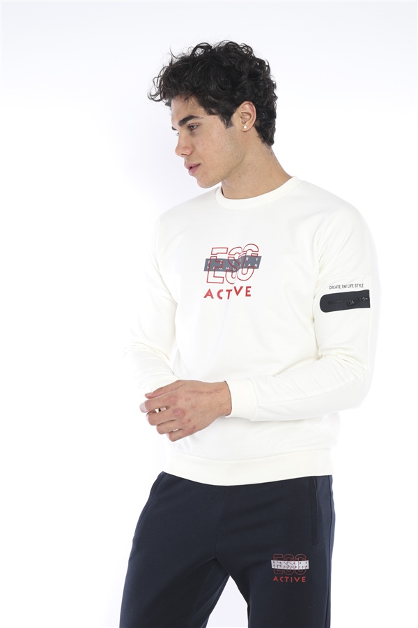 Escetic Ekru Erkek 3 İplik Nefes Alabilen Pamuklu Baskılı Spor Slimfit Sweat Takım A3032
