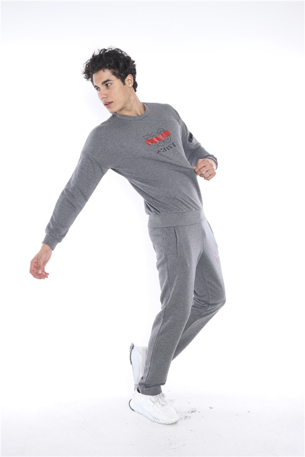 Escetic G3 Melanj Erkek 3 İplik Nefes Alabilen Pamuklu Baskılı Spor Slimfit Sweat Takım A3032