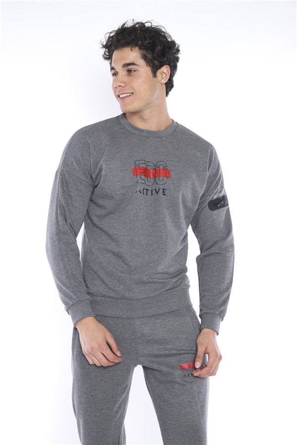 Escetic G3 Melanj Erkek 3 İplik Nefes Alabilen Pamuklu Baskılı Spor Slimfit Sweat Takım A3032