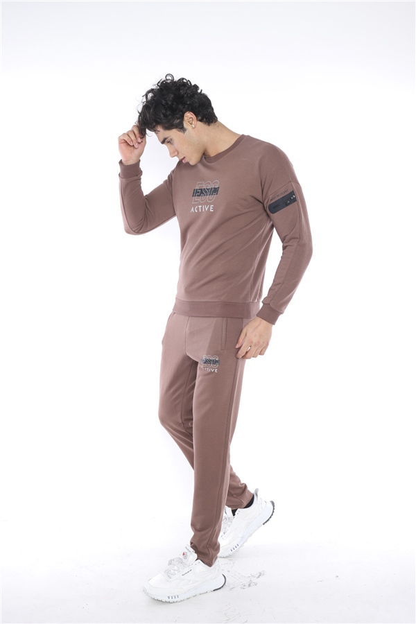 Escetic Kahve Erkek 3 İplik Nefes Alabilen Pamuklu Baskılı Spor Slimfit Sweat Takım A3032
