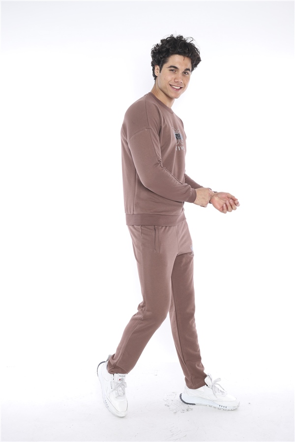 Escetic Kahve Erkek 3 İplik Nefes Alabilen Pamuklu Baskılı Spor Slimfit Sweat Takım A3032