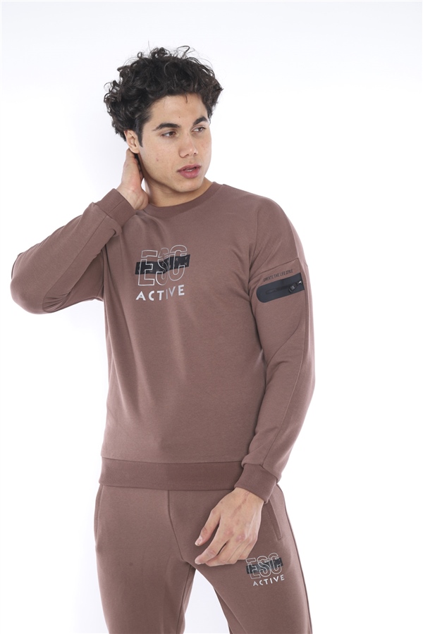 Escetic Kahve Erkek 3 İplik Nefes Alabilen Pamuklu Baskılı Spor Slimfit Sweat Takım A3032