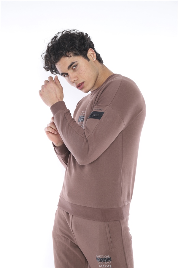 Escetic Kahve Erkek 3 İplik Nefes Alabilen Pamuklu Baskılı Spor Slimfit Sweat Takım A3032