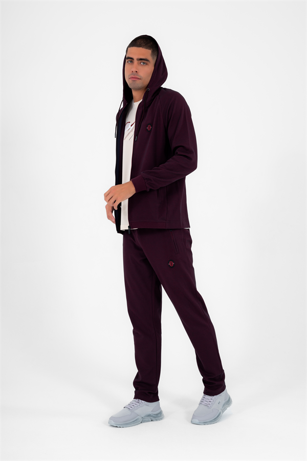 Escetic Erkek Lacivert Bordo Kapüşonlu Diagonel Penye İnterlok Kumaş 4 Mevsim Slimfit Eşofman Takımı 6661