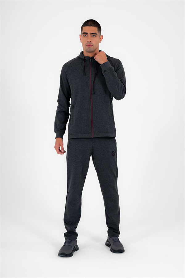 Escetic Erkek Antresit Kapüşonlu Diagonel Penye İnterlok Kumaş 4 Mevsim Slimfit Eşofman Takımı 6661