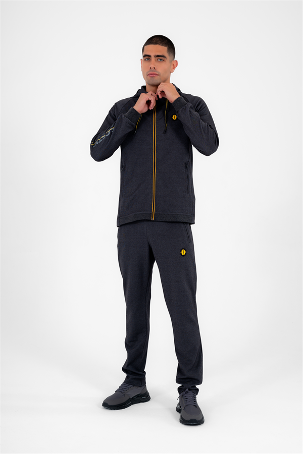 Escetic Erkek Siyah Gri Kapüşonlu Diagonel Penye İnterlok Kumaş 4 Mevsim Slimfit Eşofman Takımı 6661
