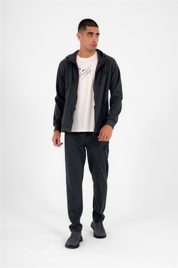 Escetic Erkek Antresit Kapüşonlu Diagonel Penye İnterlok Kumaş 4 Mevsim Slimfit Eşofman Takımı 6661