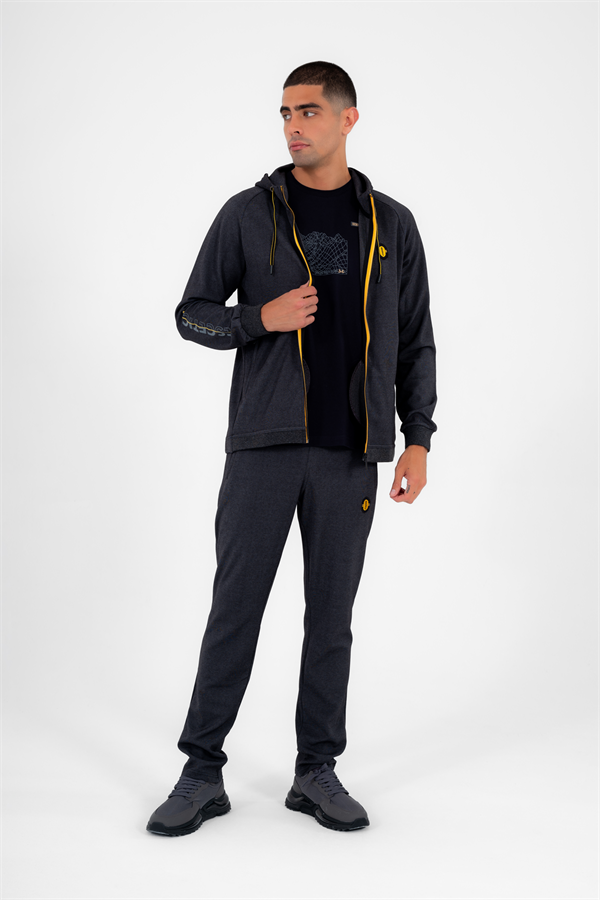 Escetic Erkek Siyah Gri Kapüşonlu Diagonel Penye İnterlok Kumaş 4 Mevsim Slimfit Eşofman Takımı 6661