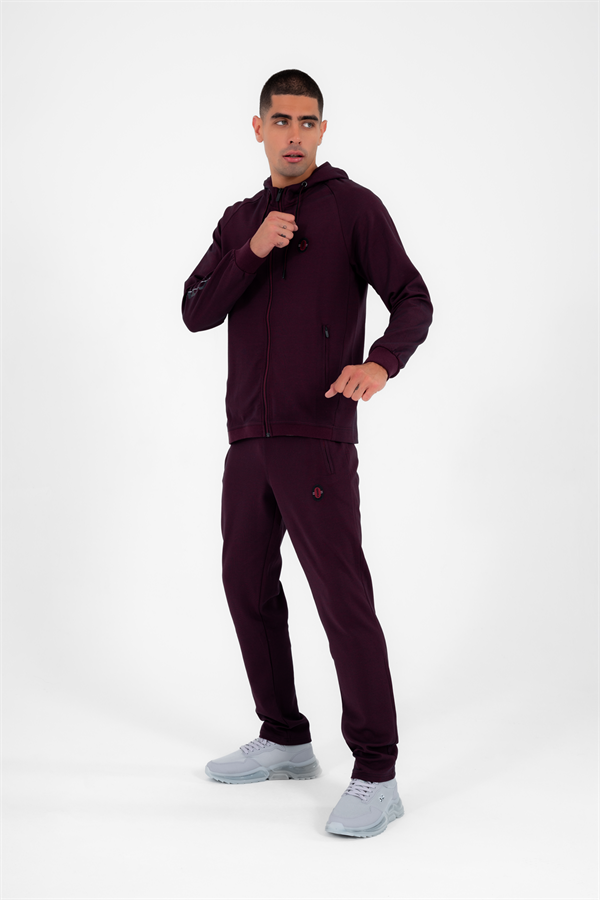 Escetic Erkek Lacivert Bordo Kapüşonlu Diagonel Penye İnterlok Kumaş 4 Mevsim Slimfit Eşofman Takımı 6661