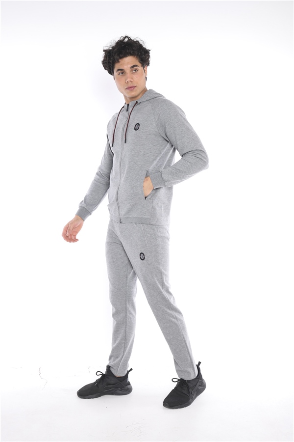 Escetic Erkek Açık Gri Siyah (G2-Siyah) Kapüşonlu Diagonel Penye İnterlok Kumaş 4 Mevsim Slimfit Eşofman Takımı 6661