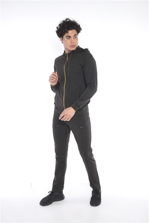 Escetic Erkek Haki Kapüşonlu Diagonel Penye İnterlok Kumaş 4 Mevsim Slimfit Eşofman Takımı 6661