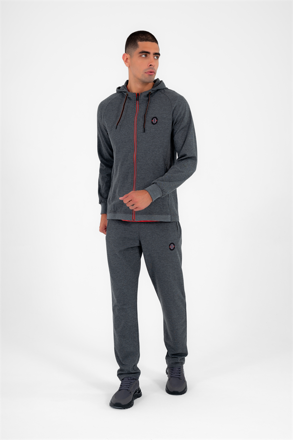 Escetic Erkek Koyu Gri Siyah (G3-Siyah) Kapüşonlu Diagonel Penye İnterlok Kumaş 4 Mevsim Slimfit Eşofman Takımı 6661
