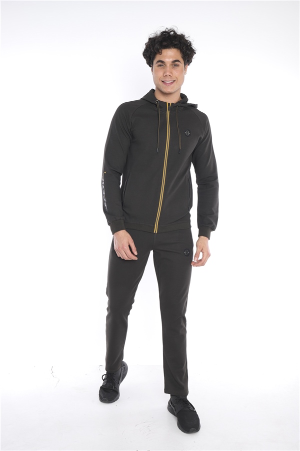 Escetic Erkek Haki Kapüşonlu Diagonel Penye İnterlok Kumaş 4 Mevsim Slimfit Eşofman Takımı 6661