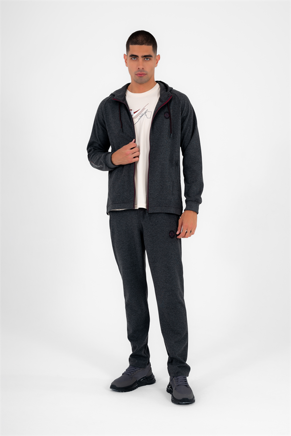 Escetic Erkek Antresit Kapüşonlu Diagonel Penye İnterlok Kumaş 4 Mevsim Slimfit Eşofman Takımı 6661