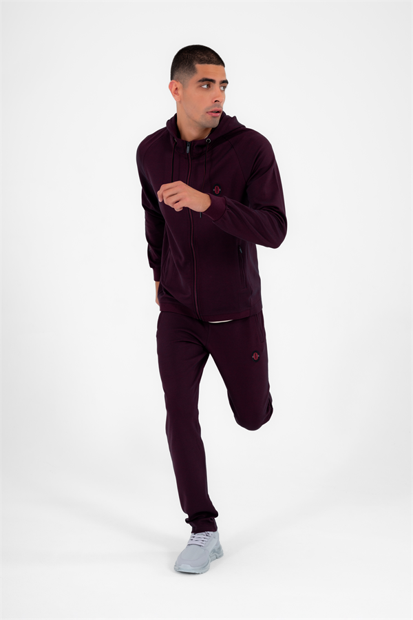 Escetic Erkek Lacivert Bordo Kapüşonlu Diagonel Penye İnterlok Kumaş 4 Mevsim Slimfit Eşofman Takımı 6661