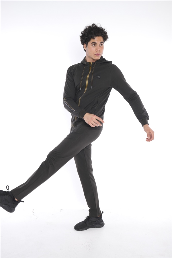 Escetic Erkek Haki Kapüşonlu Diagonel Penye İnterlok Kumaş 4 Mevsim Slimfit Eşofman Takımı 6661