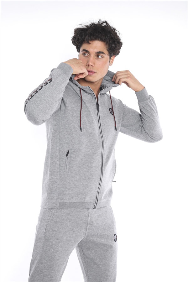 Escetic Erkek Açık Gri Siyah (G2-Siyah) Kapüşonlu Diagonel Penye İnterlok Kumaş 4 Mevsim Slimfit Eşofman Takımı 6661
