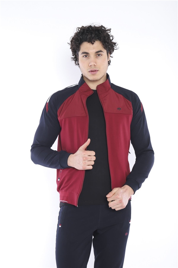 Escetic Bordo Erkek Dik Yaka Süper 2 İplik Kumaş 4 Mevsim Spor Slimfit Eşofman Takımı 6733