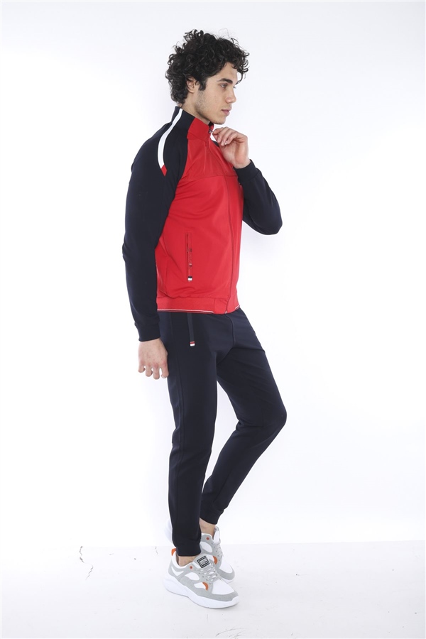 Escetic Kırmızı Erkek Dik Yaka Süper 2 İplik Kumaş 4 Mevsim Spor Slimfit Eşofman Takımı 6733