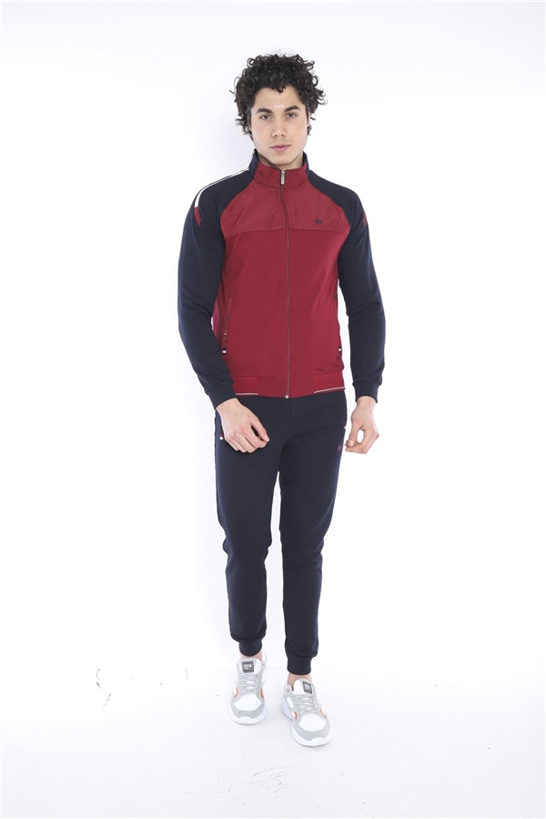 Escetic Bordo Erkek Dik Yaka Süper 2 İplik Kumaş 4 Mevsim Spor Slimfit Eşofman Takımı 6733