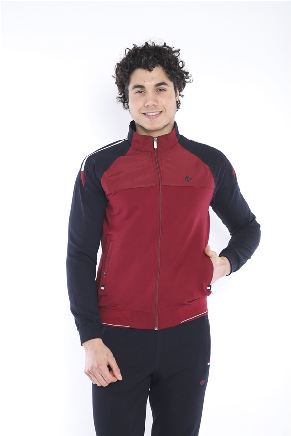 Escetic Bordo Erkek Dik Yaka Süper 2 İplik Kumaş 4 Mevsim Spor Slimfit Eşofman Takımı 6733