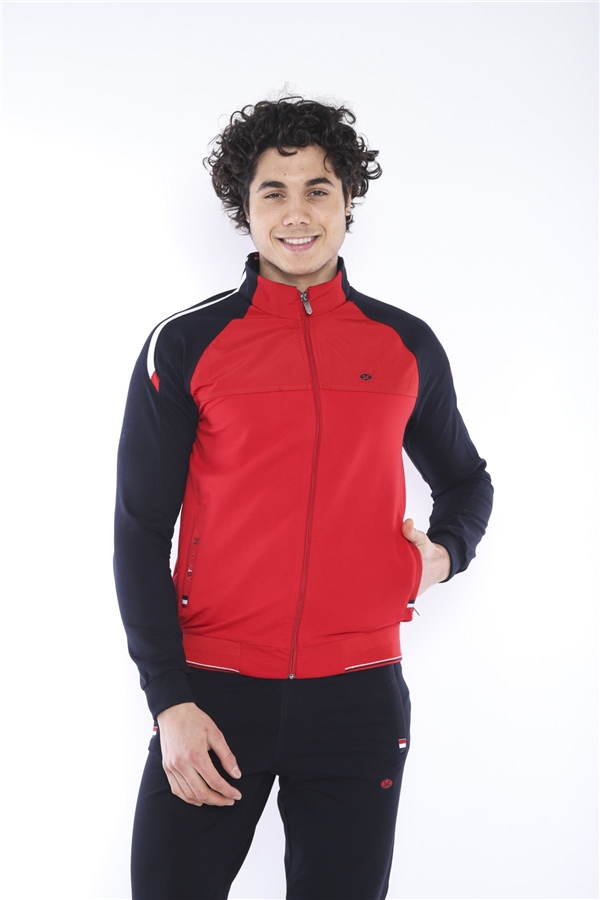 Escetic Kırmızı Erkek Dik Yaka Süper 2 İplik Kumaş 4 Mevsim Spor Slimfit Eşofman Takımı 6733