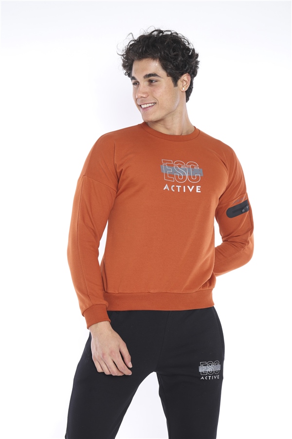 Escetic Kiremit Erkek 3 İplik Nefes Alabilen Pamuklu Baskılı Spor Slimfit Sweat Takım A3032