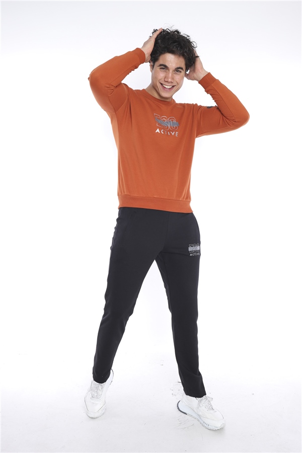 Escetic Kiremit Erkek 3 İplik Nefes Alabilen Pamuklu Baskılı Spor Slimfit Sweat Takım A3032