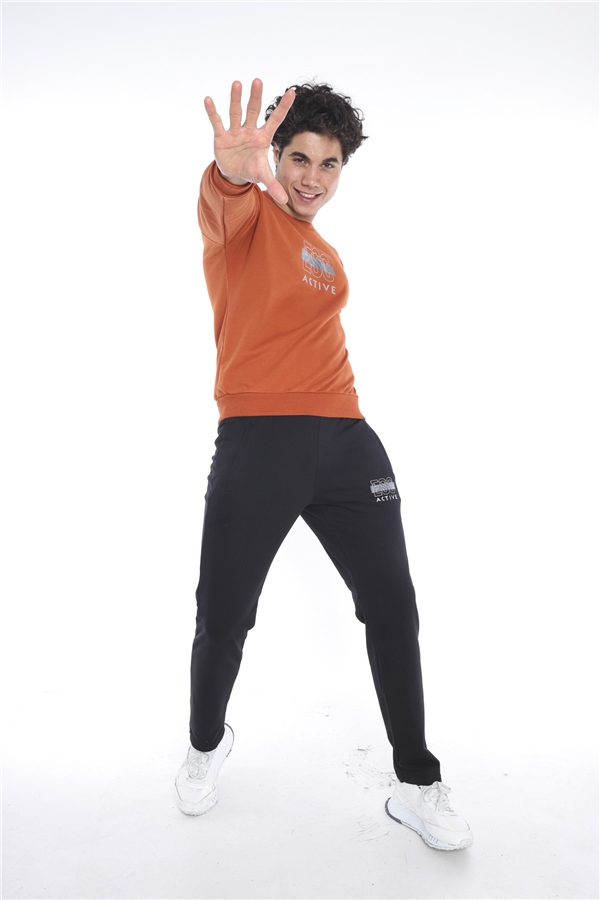 Escetic Kiremit Erkek 3 İplik Nefes Alabilen Pamuklu Baskılı Spor Slimfit Sweat Takım A3032