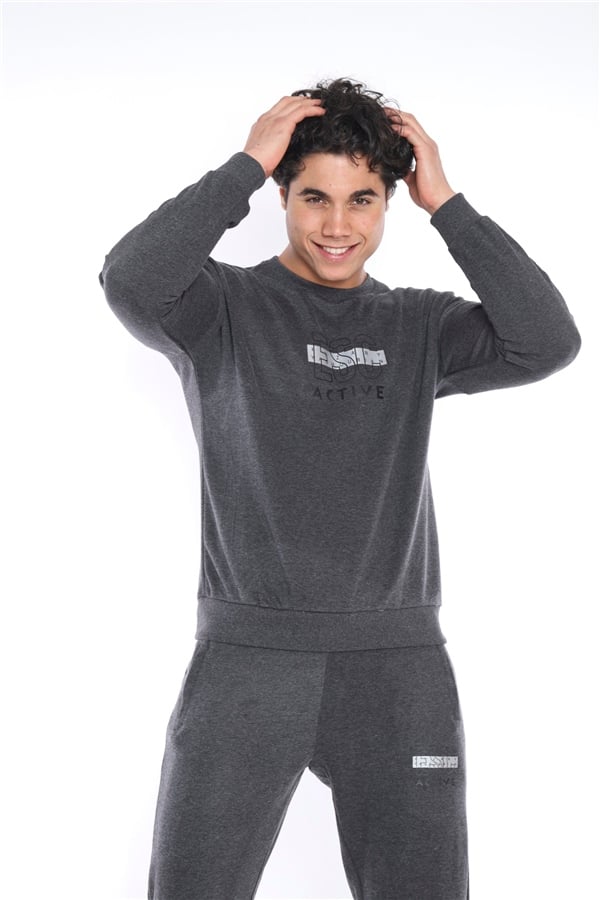 Escetic Antresit Erkek 3 İplik Nefes Alabilen Pamuklu Baskılı Spor Slimfit Sweat Takım A3032