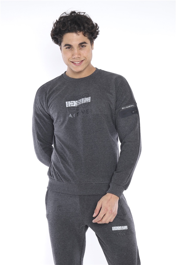 Escetic Antresit Erkek 3 İplik Nefes Alabilen Pamuklu Baskılı Spor Slimfit Sweat Takım A3032